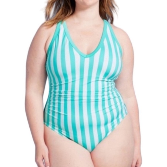 NEW Kona Sol Turquoise and White Vertical Stripes One Piece swimsuit 14W - Picture 11 of 11